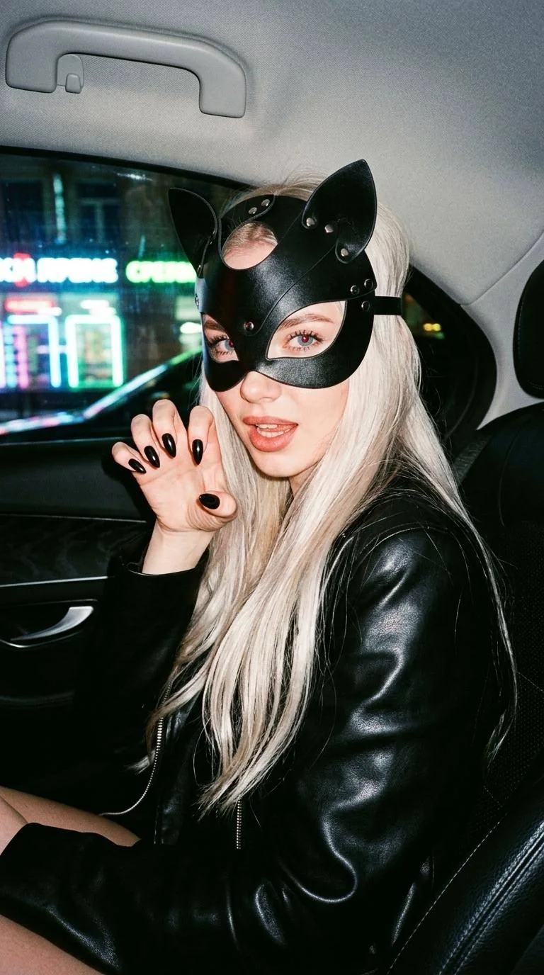Кошачий глам 🖤  Создай Не меняй черты лица Девушка в ночном городе лицо близко к камере полубоком но