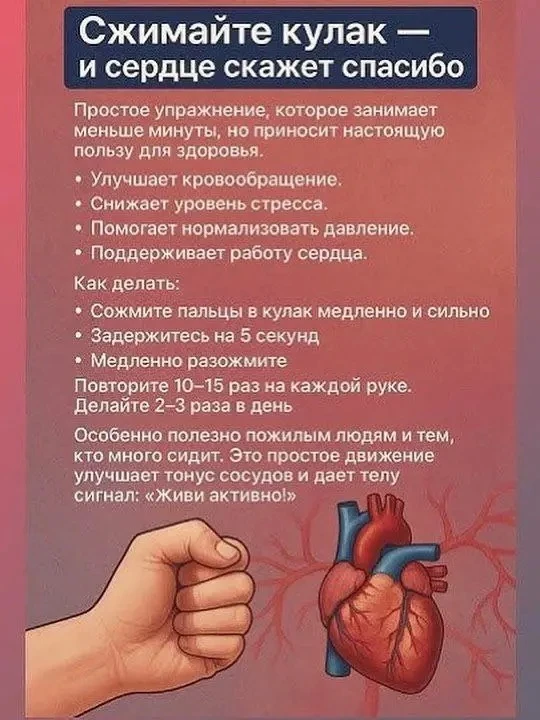 ✊🏼 Сжимайте кулак — простой способ поддержать здоровье сердца.

Сохраните себе эту памятку, чтобы в