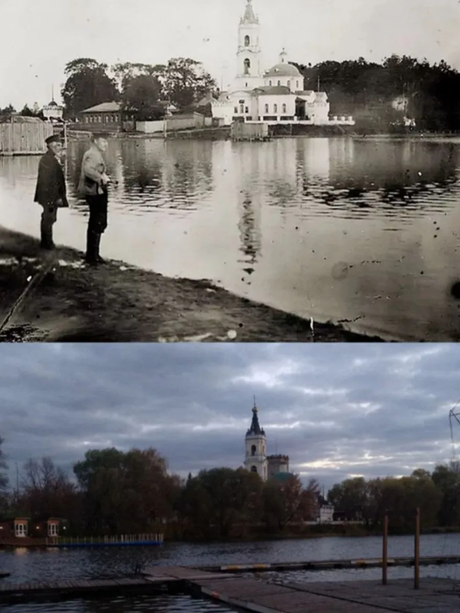 📍Старинное село Косино. Белое озеро и Никольский храм на том берегу. 

1910/2023 год.

💡Косино изв