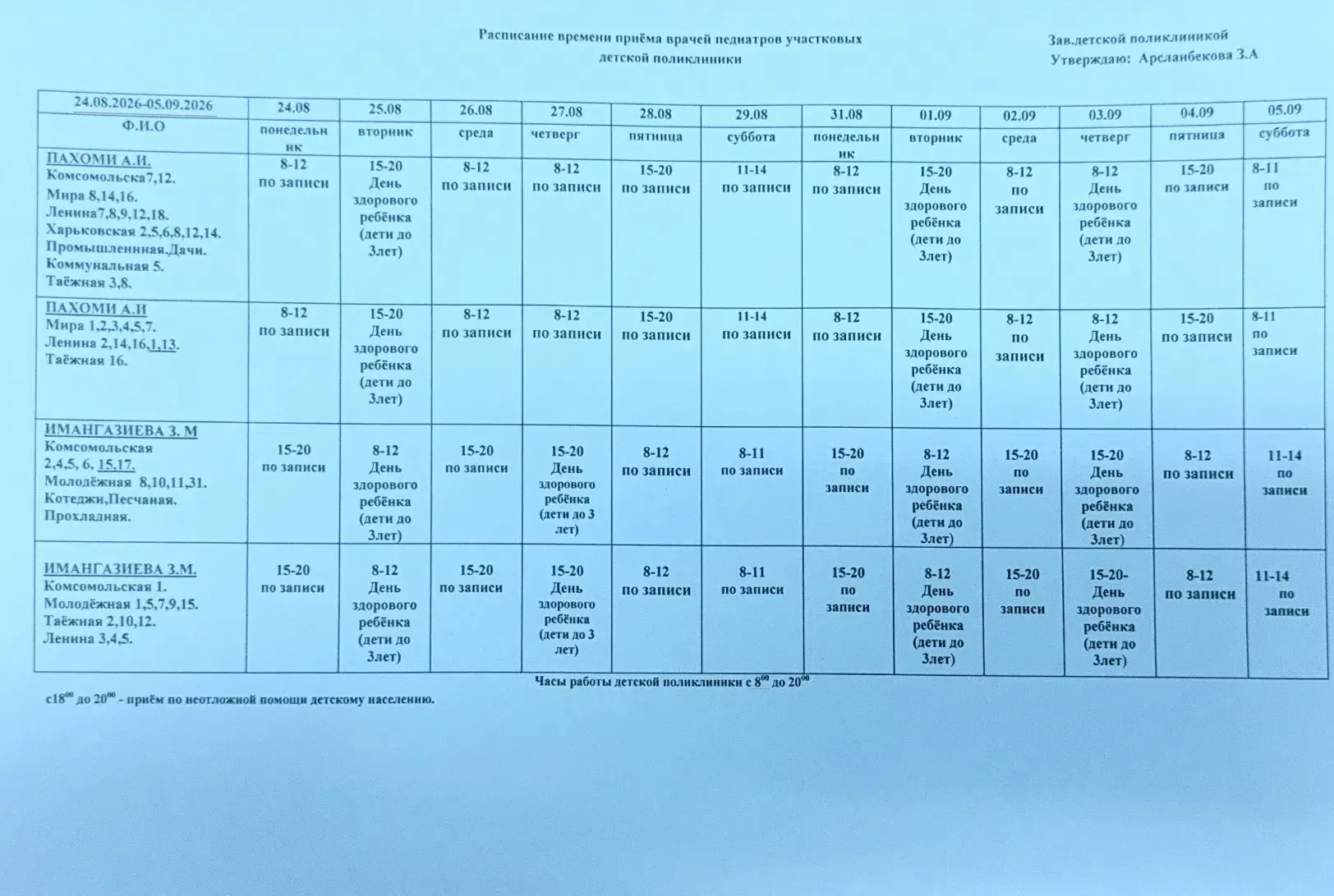 📌График приема врачей детской поликлиники с 24.08.2026 по 05.09.2026 г.г.