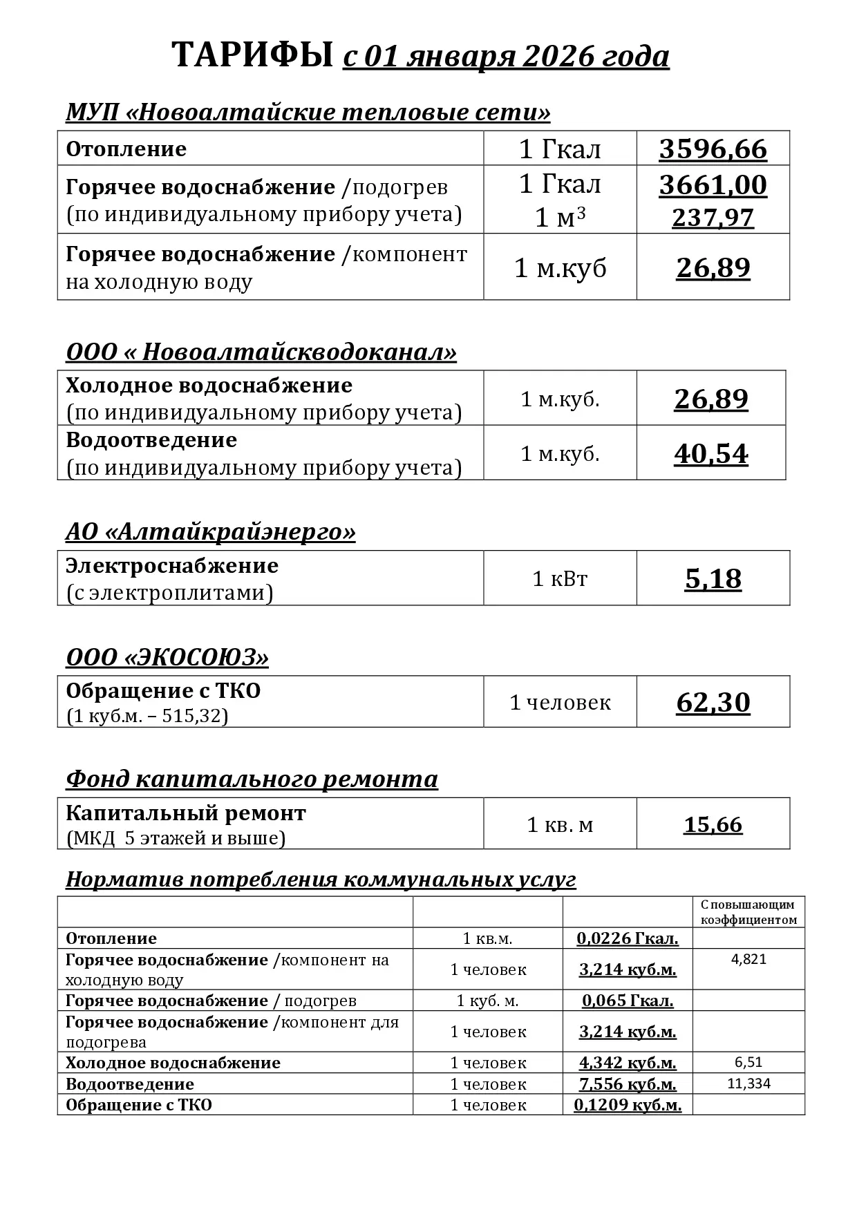 Новые тарифы с 01.01.2026 года