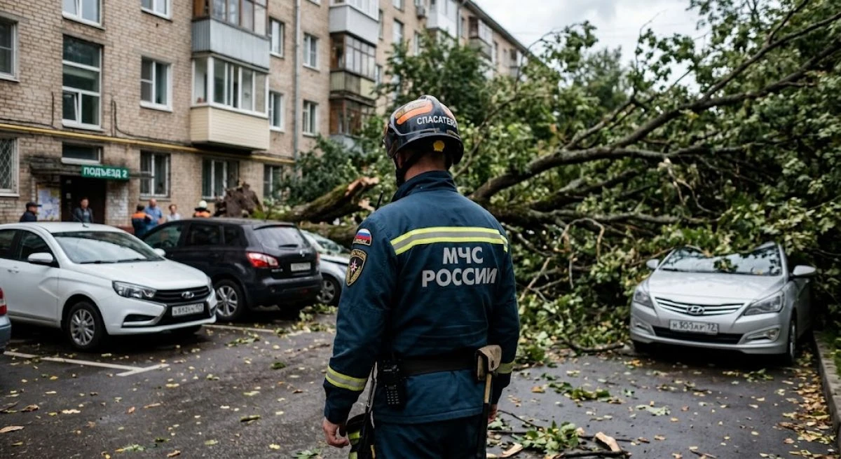 После ливня в 15-м микрорайоне Липецка дерево рухнуло на три припаркованные машины