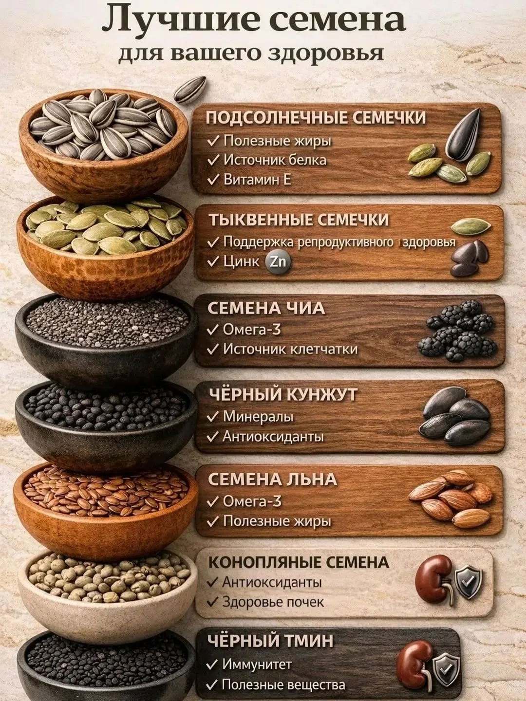 Семена — маленький продукт с большой пользой для рациона

Они содержат полезные жиры, клетчатку, вит