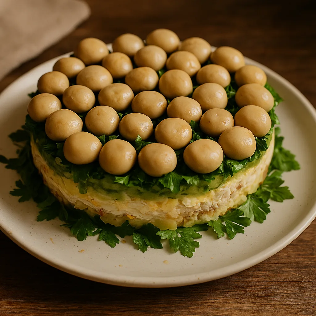 Салат «Грибная поляна» с шампиньонами   Это очень простой и вкусный салат с маринованными шампиньона