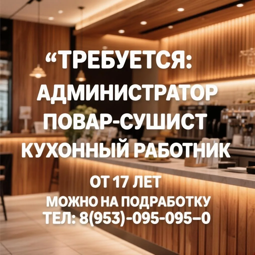 **Вакансии:**
- Администратор
- Повар сушист
- Кухонный работник
- Курьер
**Условия:**
- Возраст от 