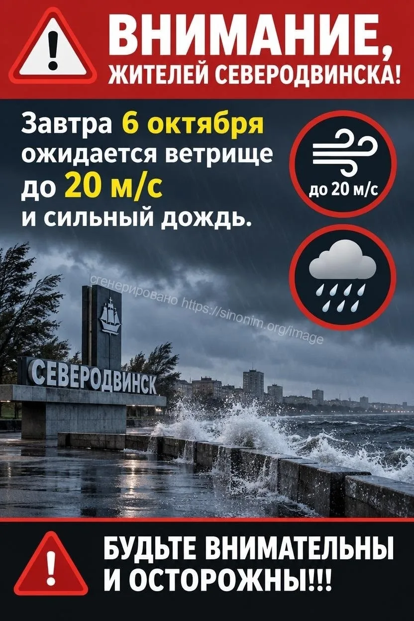 ВНИМАНИЕ. Завтра днем, 6 октября в Северодвинске,ожидается сильный дождь, усиление южно...