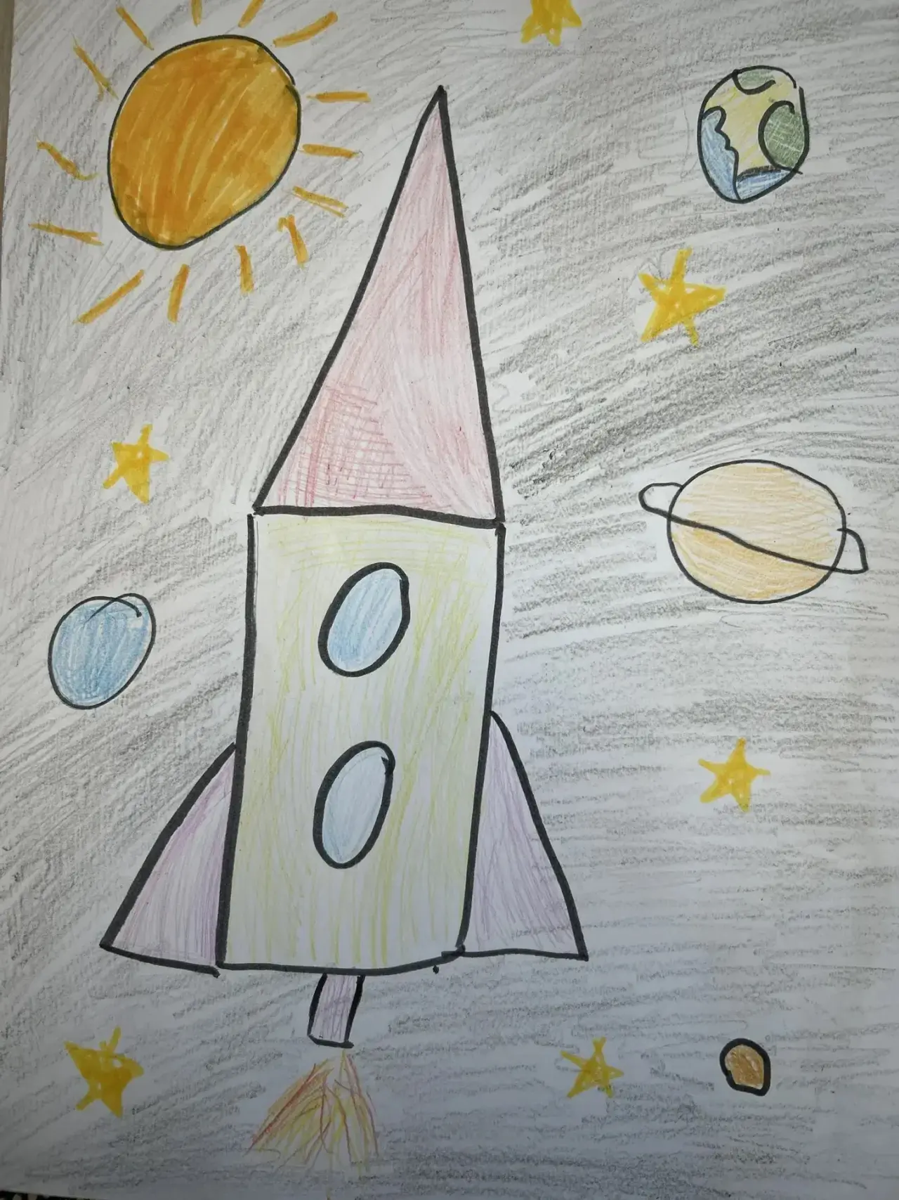 🖼️ 🚀 Выставка рисунков ко Дню космонавтики от наших маленьких орлят.  1В: Благинина Ксения, Ишаев Се
