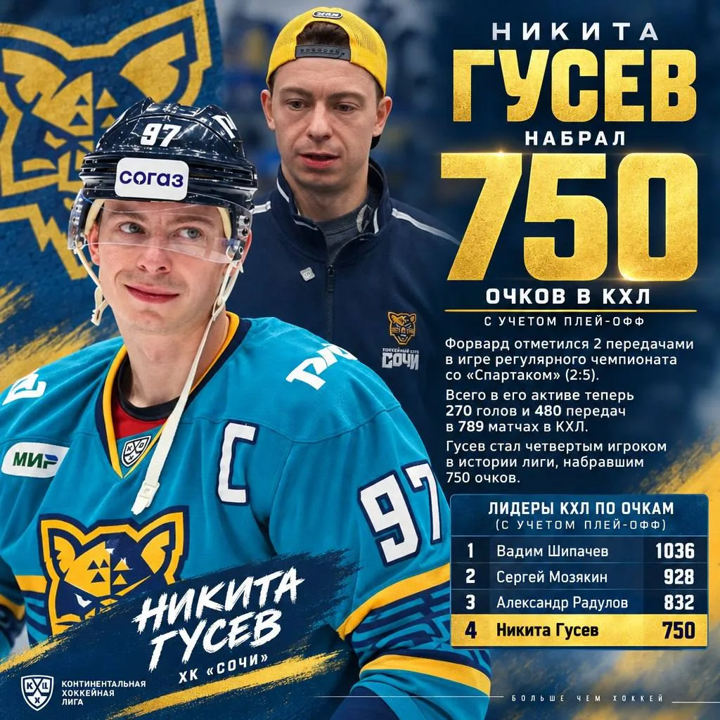 🐆 Никита Гусев стал четвертым хоккеистом в истории КХЛ, добравшимся до рубежа в 750 оч...
