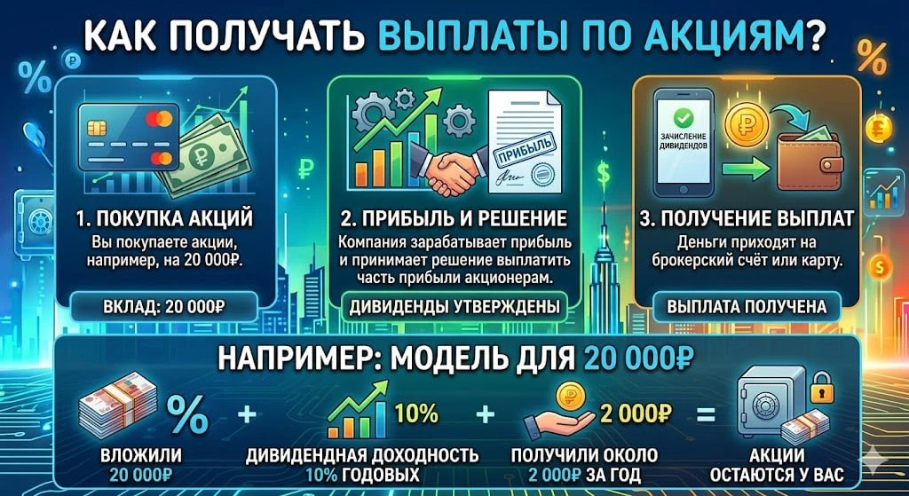 КАК ПОЛУЧАТЬ ДИВИДЕНДЫ

Дивиденды - это часть прибыли компании, которой она делится с владельцами.

