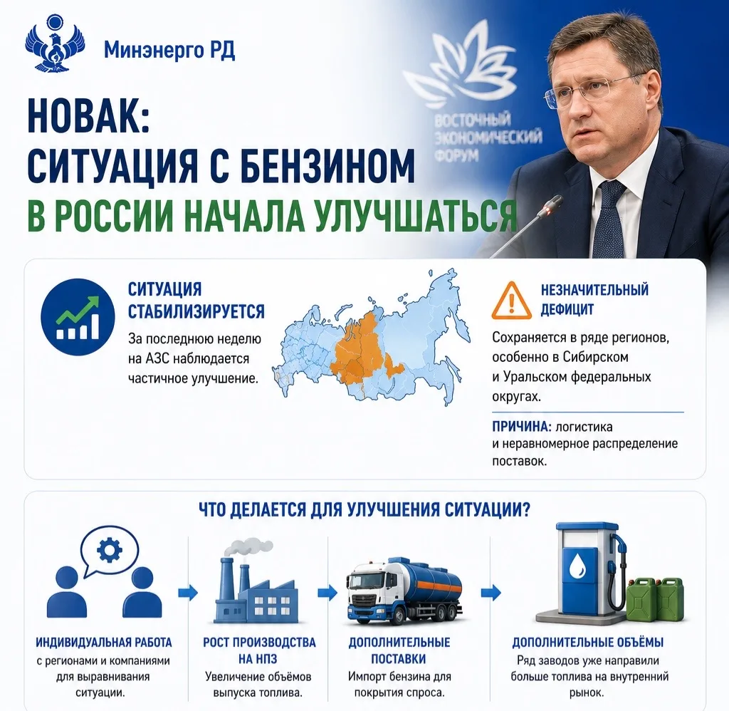 📌Новак: Ситуация с бензином в России начала улучшаться
