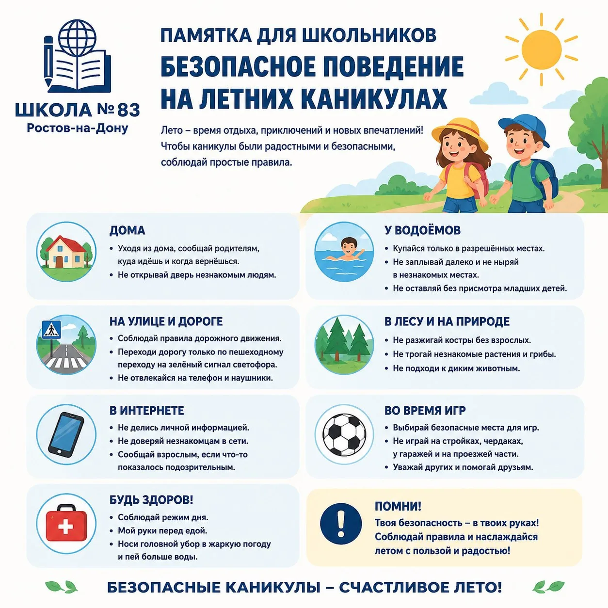 ✨Безопасные каникулы - счастливое лето! 

☀️Твоя безопасность - в твоих руках! 
☀️Соблюдай правила и