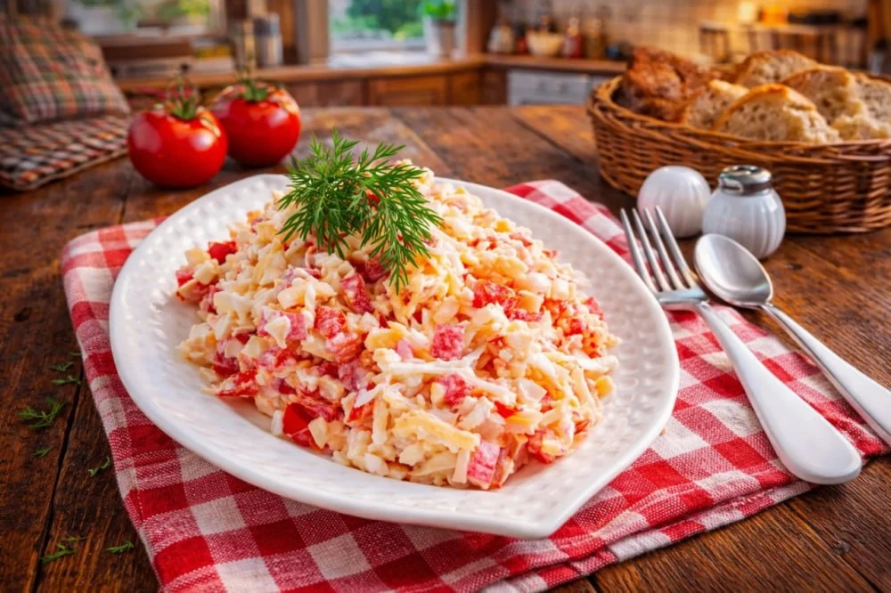 Салат с крабовыми палочками, помидорами, яйцом и сыром