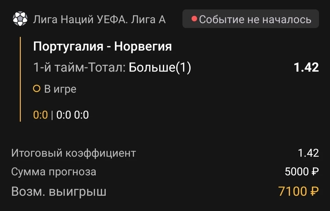 1-й тайм | Тотал 0.5-1 (Б)