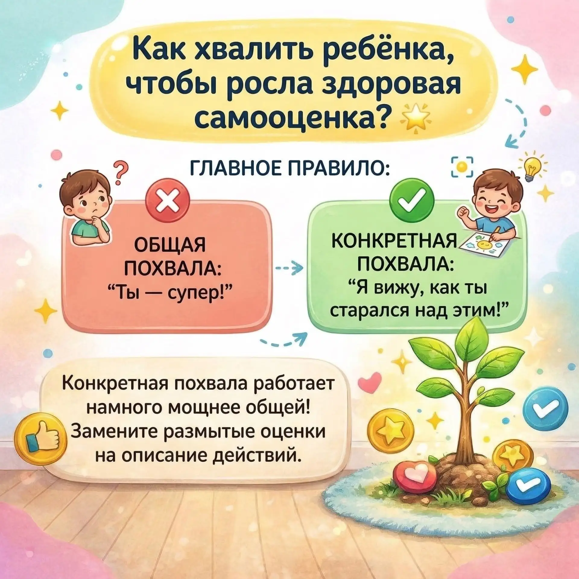 Как хвалить ребёнка, чтобы росла здоровая самооценка? 
Листайте наши памятки!