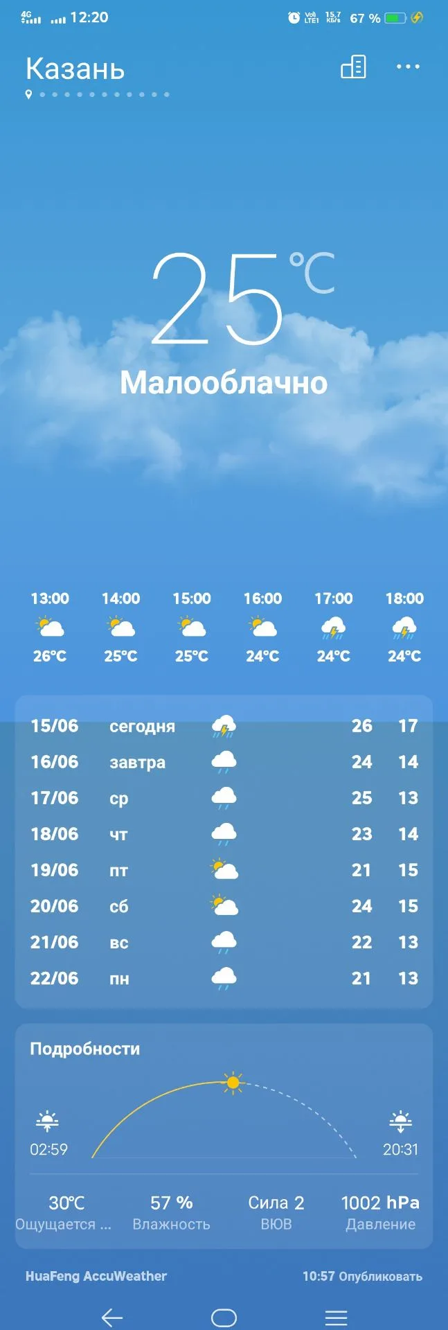 Прогноз погоды по Республике Татарстан на следующие сутки

16 июня.  Переменная облачность. Ночью и 