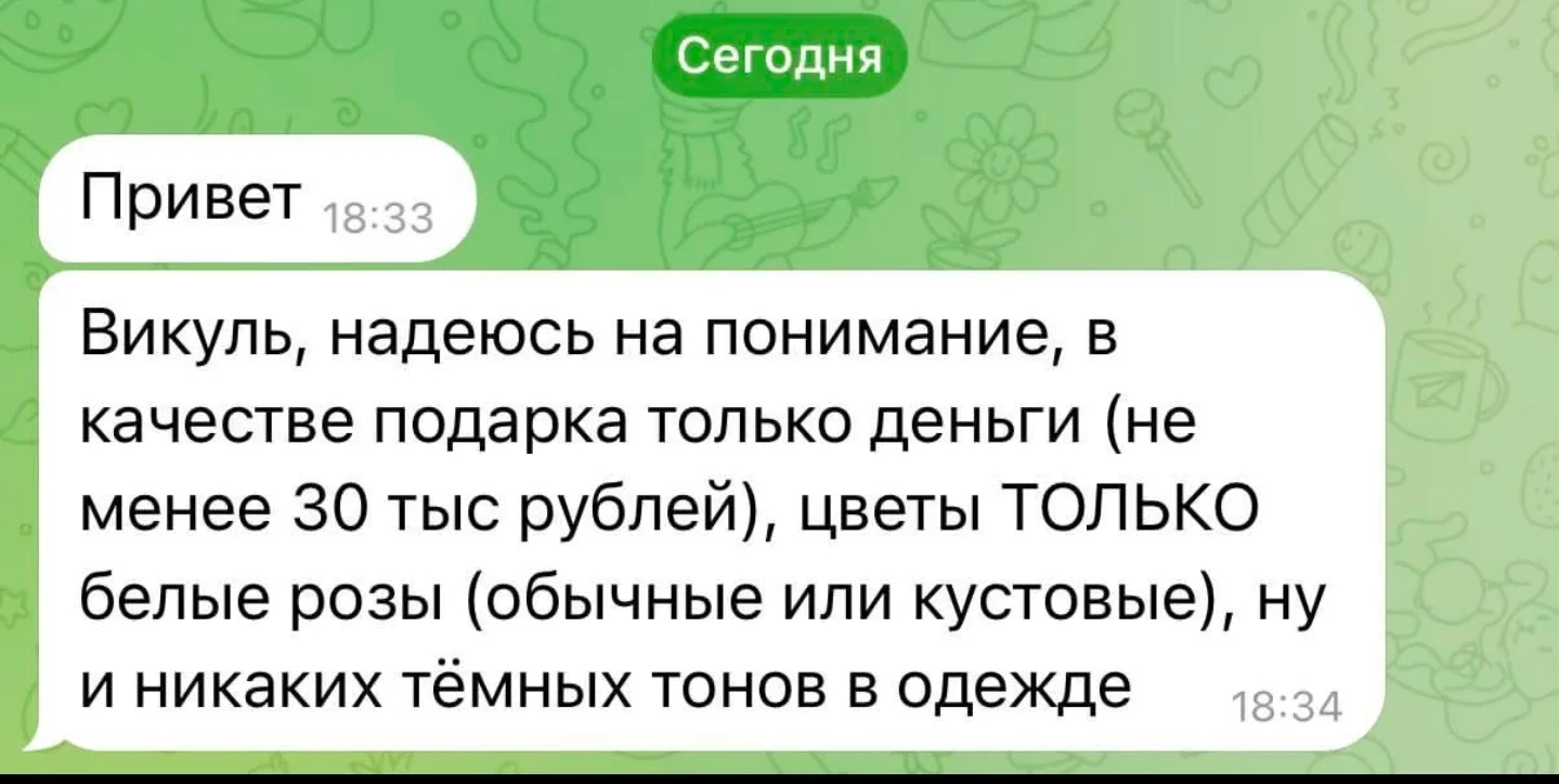 Свадьба у подруги. Не слишком ли много требований, или я чего-то не понимаю? 🙄

@kznlife - лучший п
