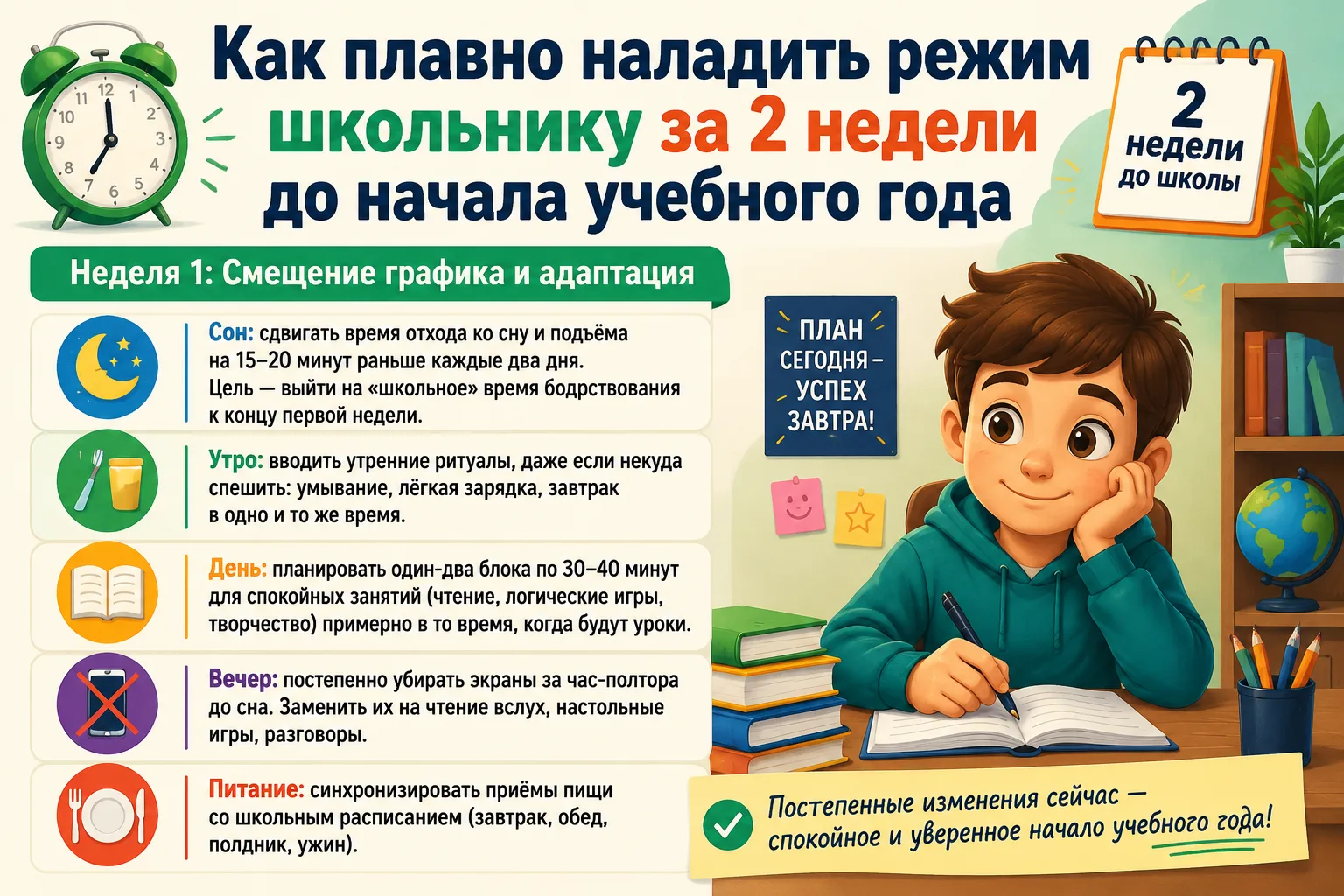 До 1 сентября осталось две недели! Как мягко вернуть ребёнка в учебный режим?