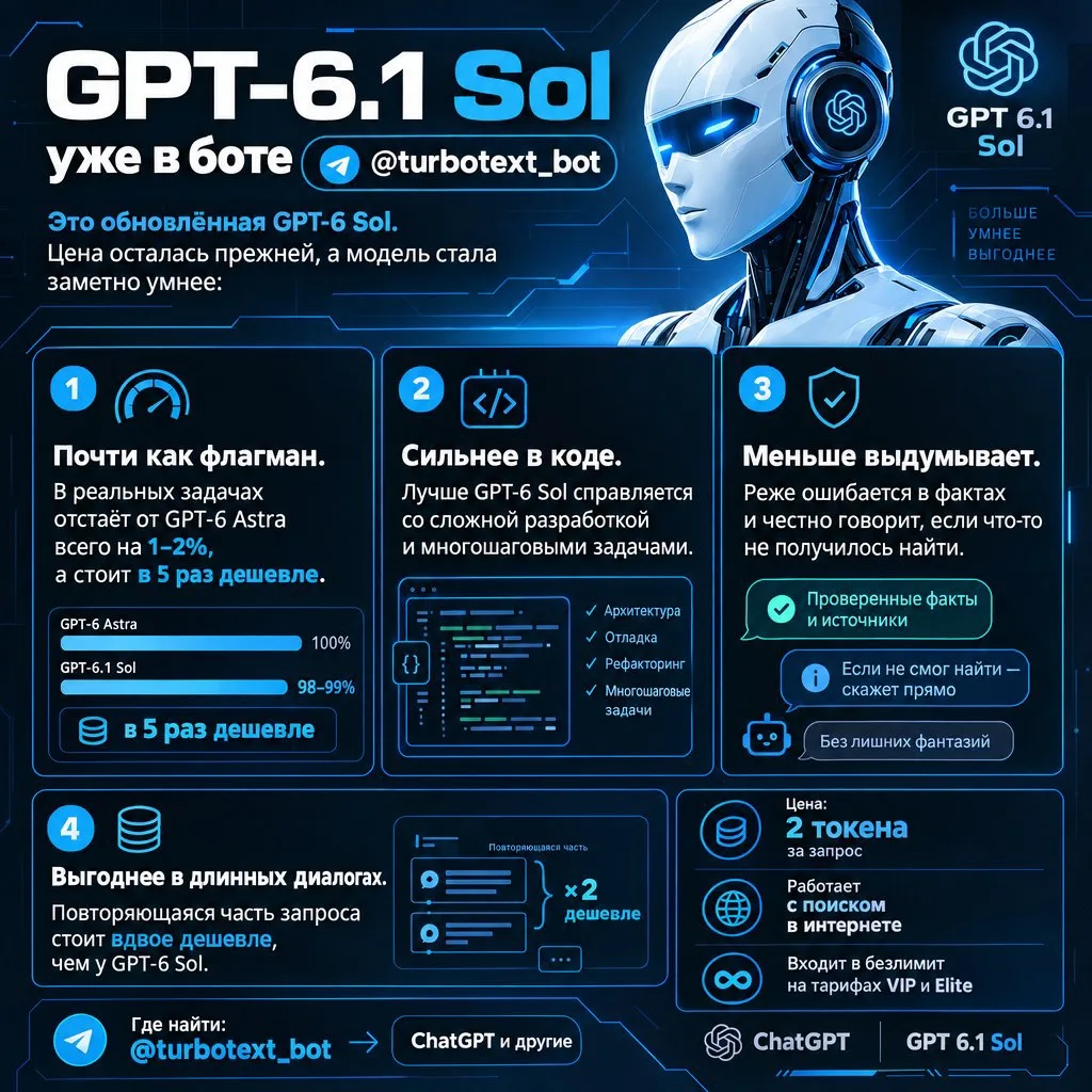 🚀 Умнее, но по прежней цене: GPT-6.1 Sol в @turbotext_bot