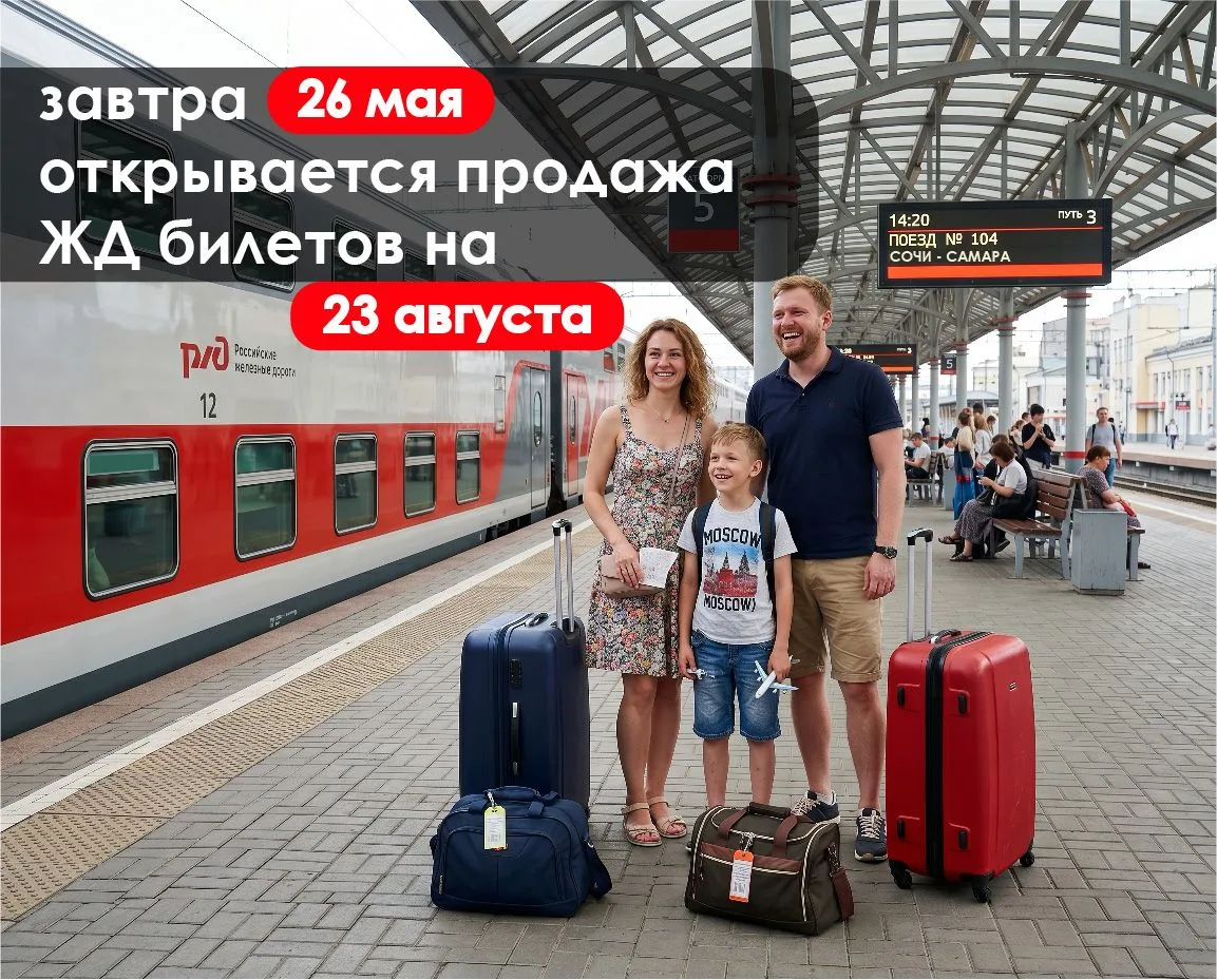 Завтра 26 мая, откроются продажи ЖД билетов на 23 августа.
