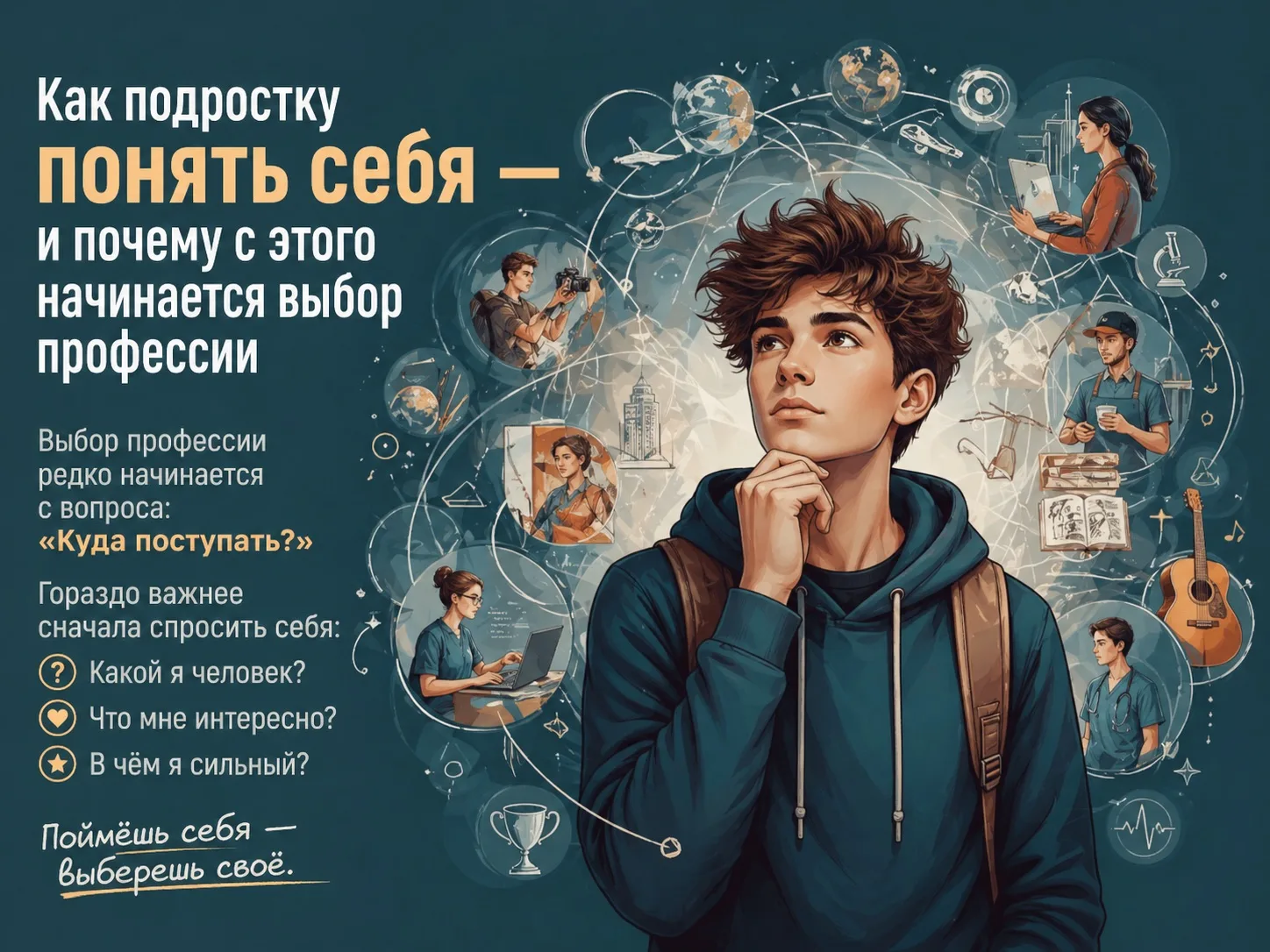 🧠 Как подростку понять себя — и почему с этого начинается выбор профессии

#понятьсебя

Выбор профе