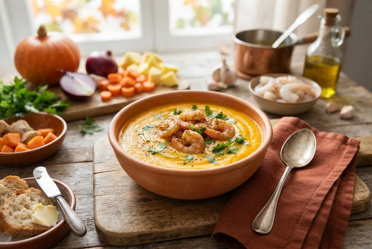 Рецепт супа из тыквы с овощами и креветками