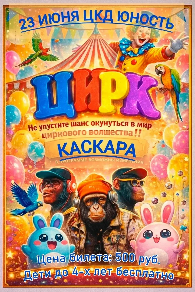 Что: Цирк! Цирк! Цирк!🤡
Где: с. Каскара, ул. Ленина,7 ЦКД «Юность»
Когда: 23 июня
Во сколько: 19:00
