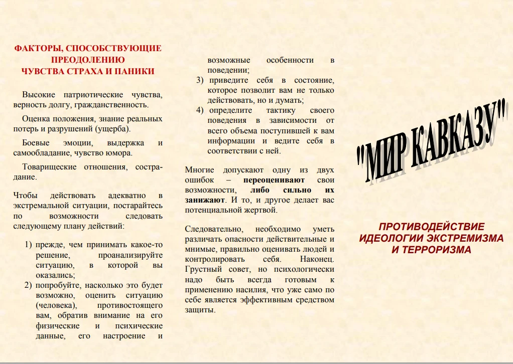 Брошюра. "Факторы, способствующие преодолению чувства страха и паники"