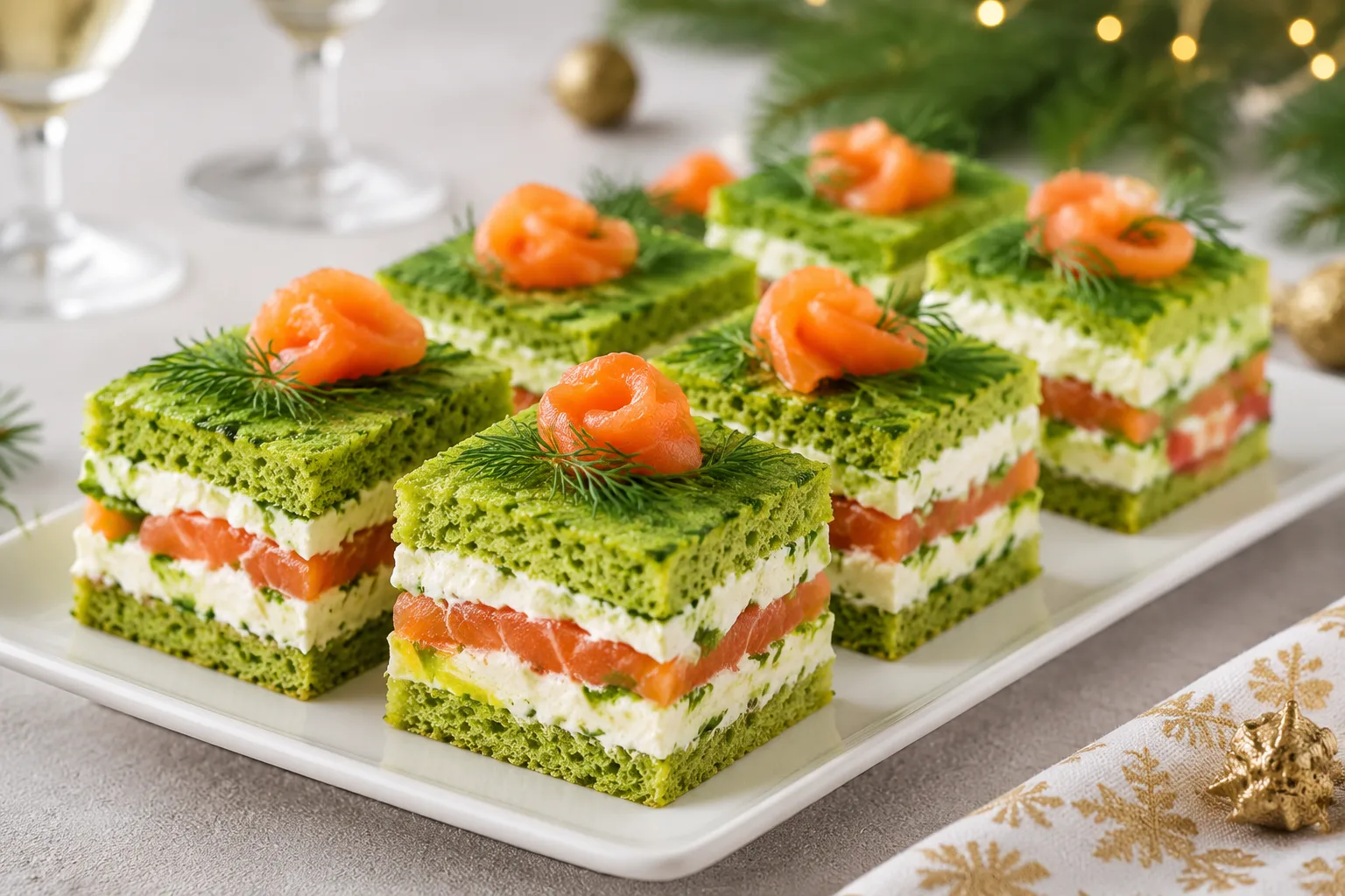 🐟 Не обычные канапе, а праздничная закуска с вау-эффектом: зелёный бисквит со шпинатом и красной ры