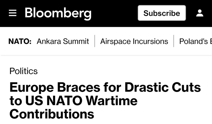 🇪🇺🇺🇸Европа готовится к радикальному сокращению американской поддержки НАТО, — Bloomberg

▪️США р