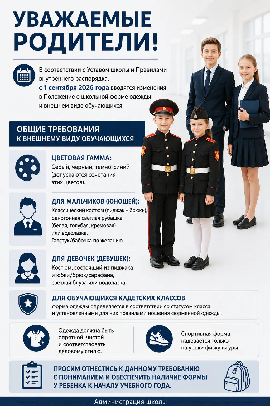Уважаемые родители!
В соответствии с Уставом школы и Правилами внутреннего распорядка, с 1 сентября 