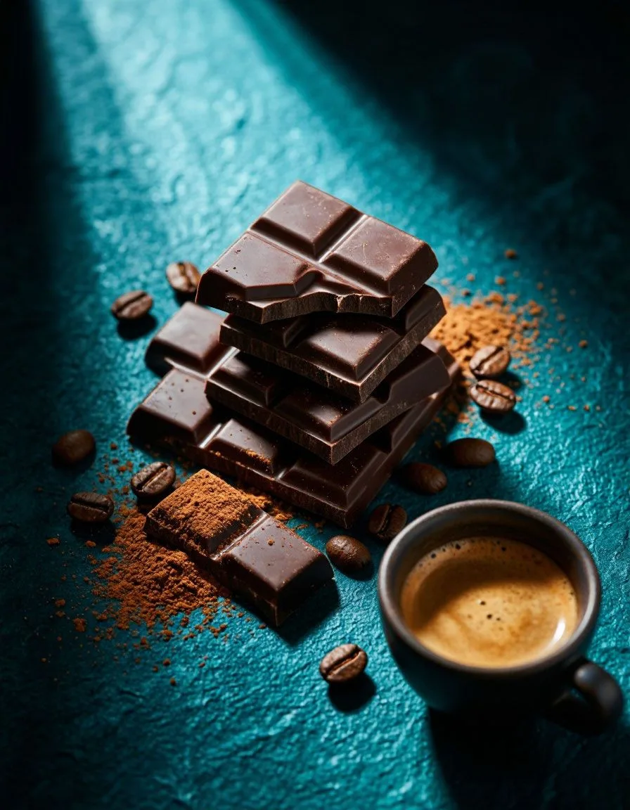 Overhead hyperrealistic cinematic photography: a dark chocolate bar, broken into irregular pieces wi