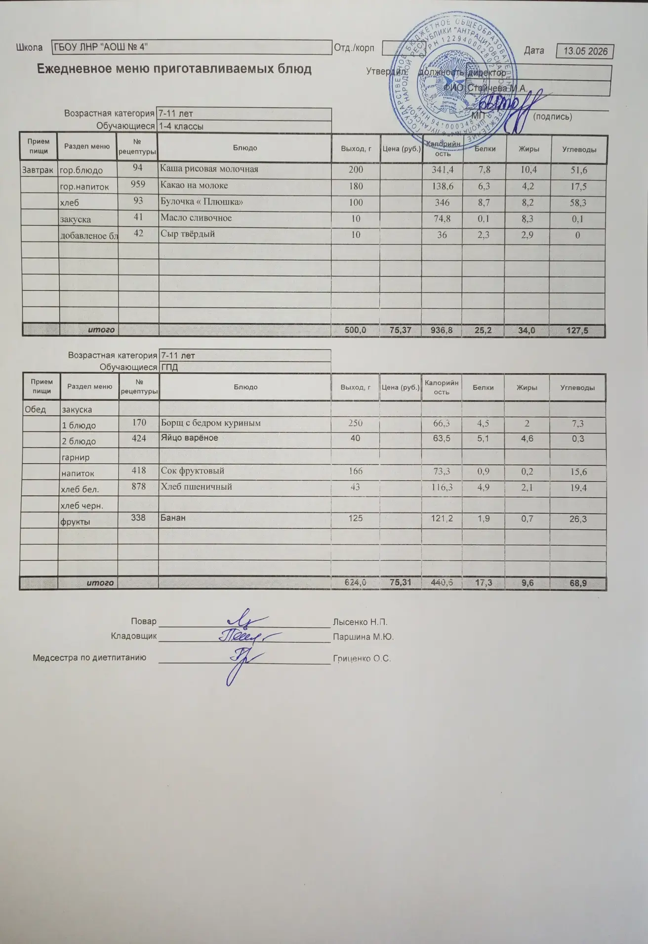 🍽 Ежедневное меню приготавливаемых блюд для 1-4 классов на 13.05.2026г.