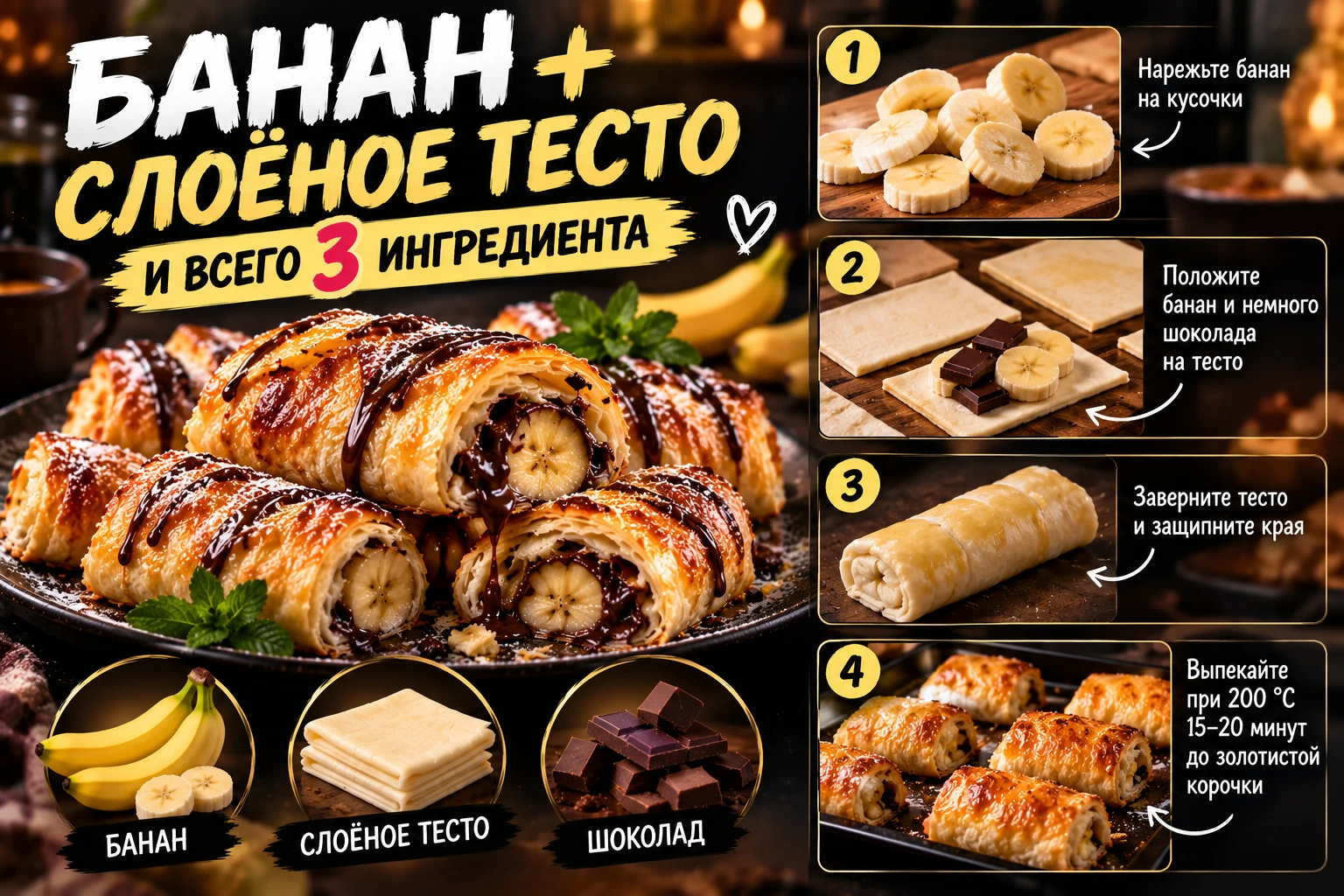 БАНАН + СЛОЁНОЕ ТЕСТО. И ВСЕГО 3 ИНГРЕДИЕНТА 🍌🥐