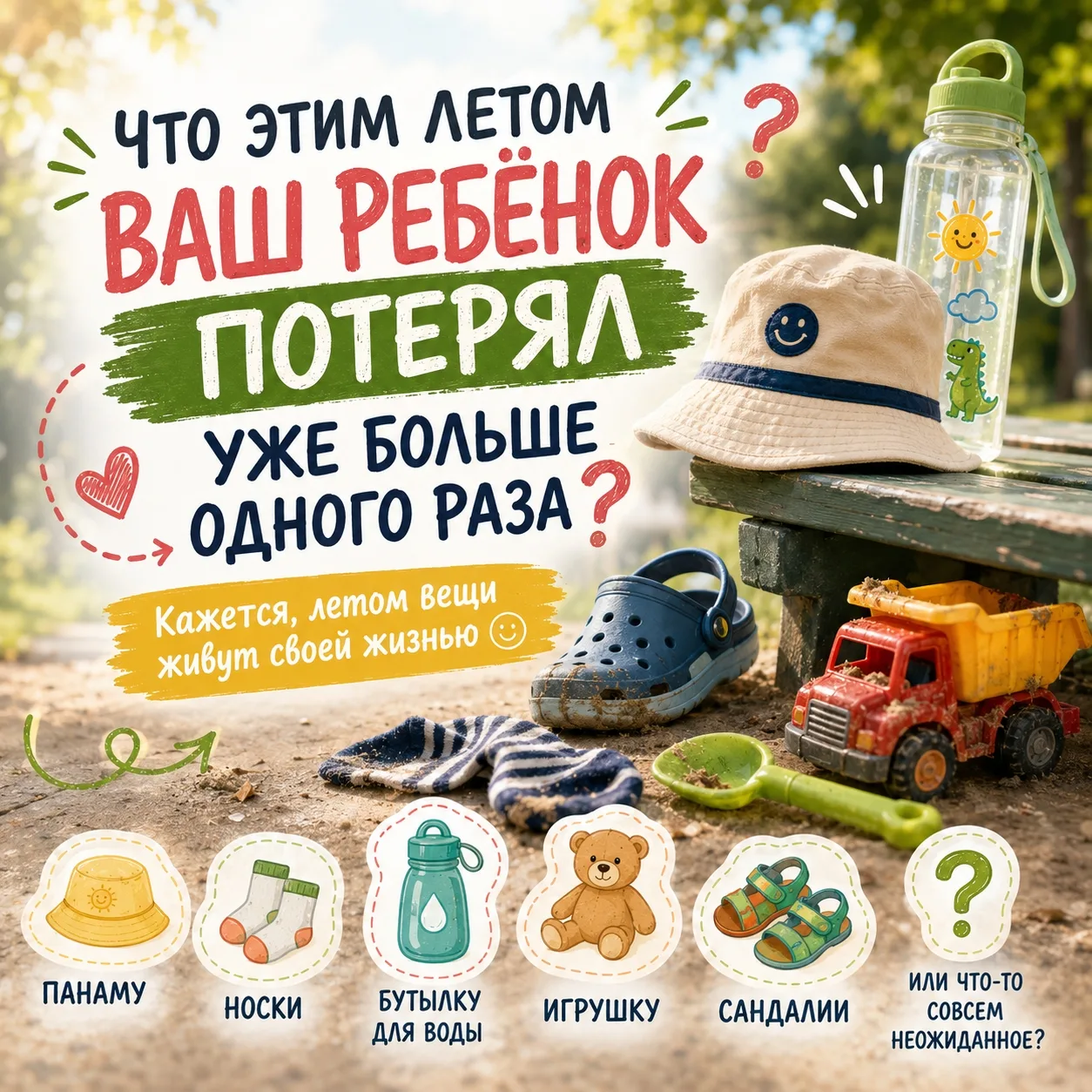 Кажется, летом детские вещи уходят гулять отдельно 😄

Выходили из дома с панамой, бутылкой для воды