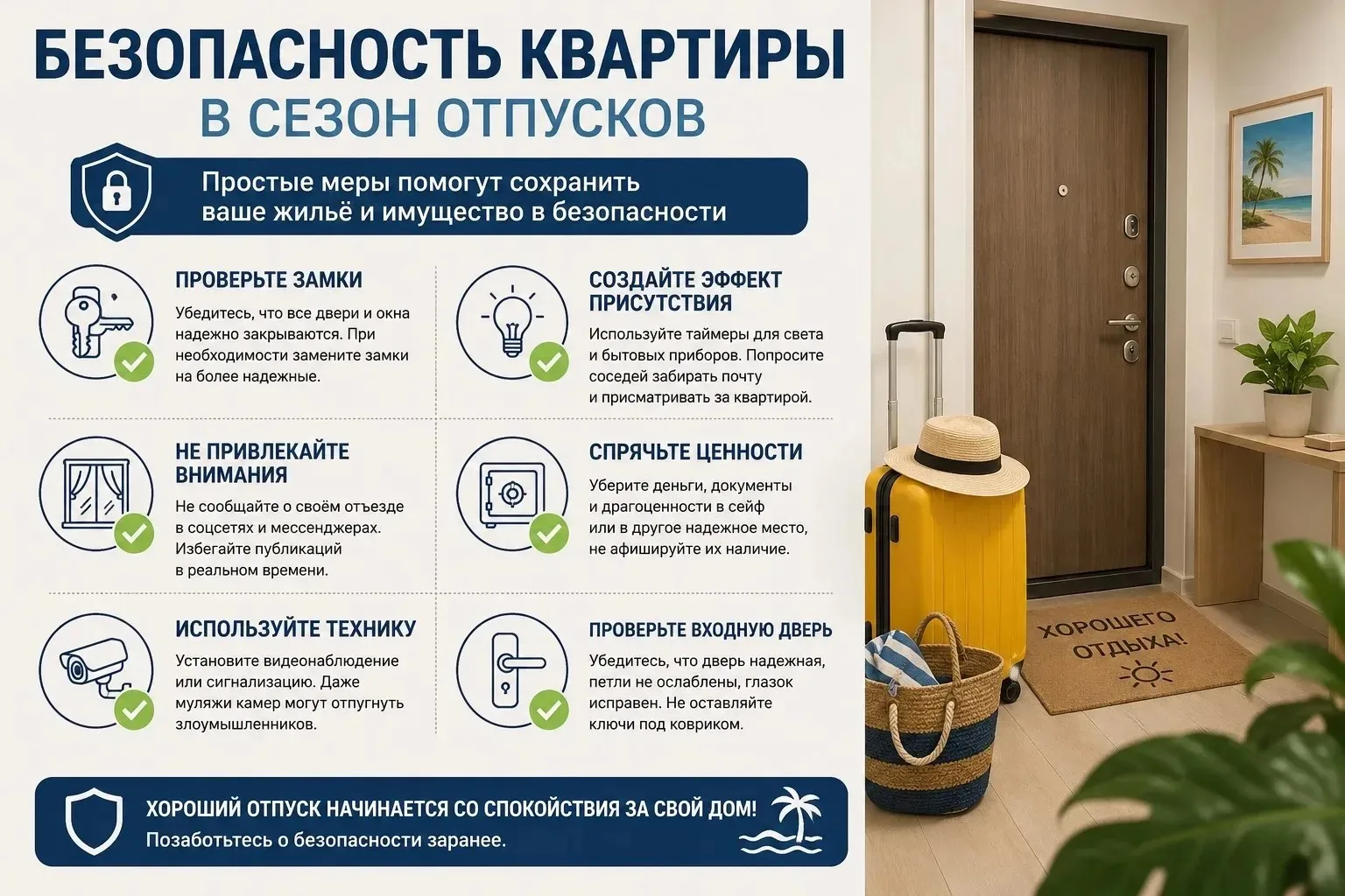 Безопасность квартиры в сезон отпусков: что важно знать.

Чтобы быть спокойным в отпуске, важно зара