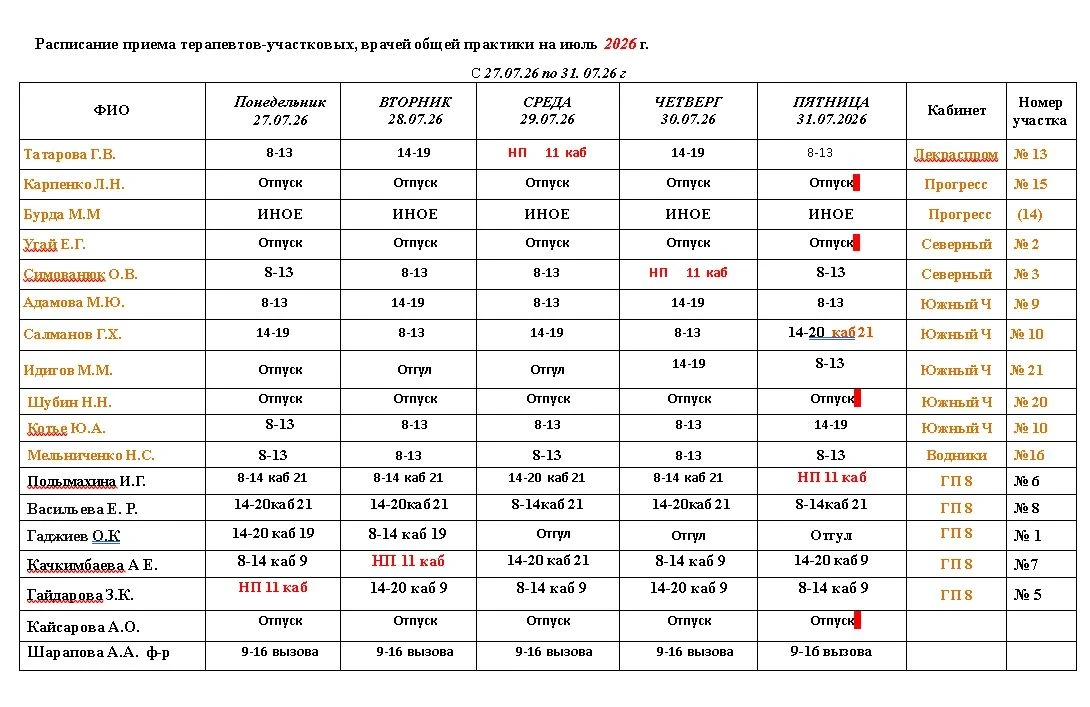 📌График работы📋 
     **терапевтов** 🩺
с 27 по 31 июля 2026г

Наш сайт: https://med-gp8.gosuslugi