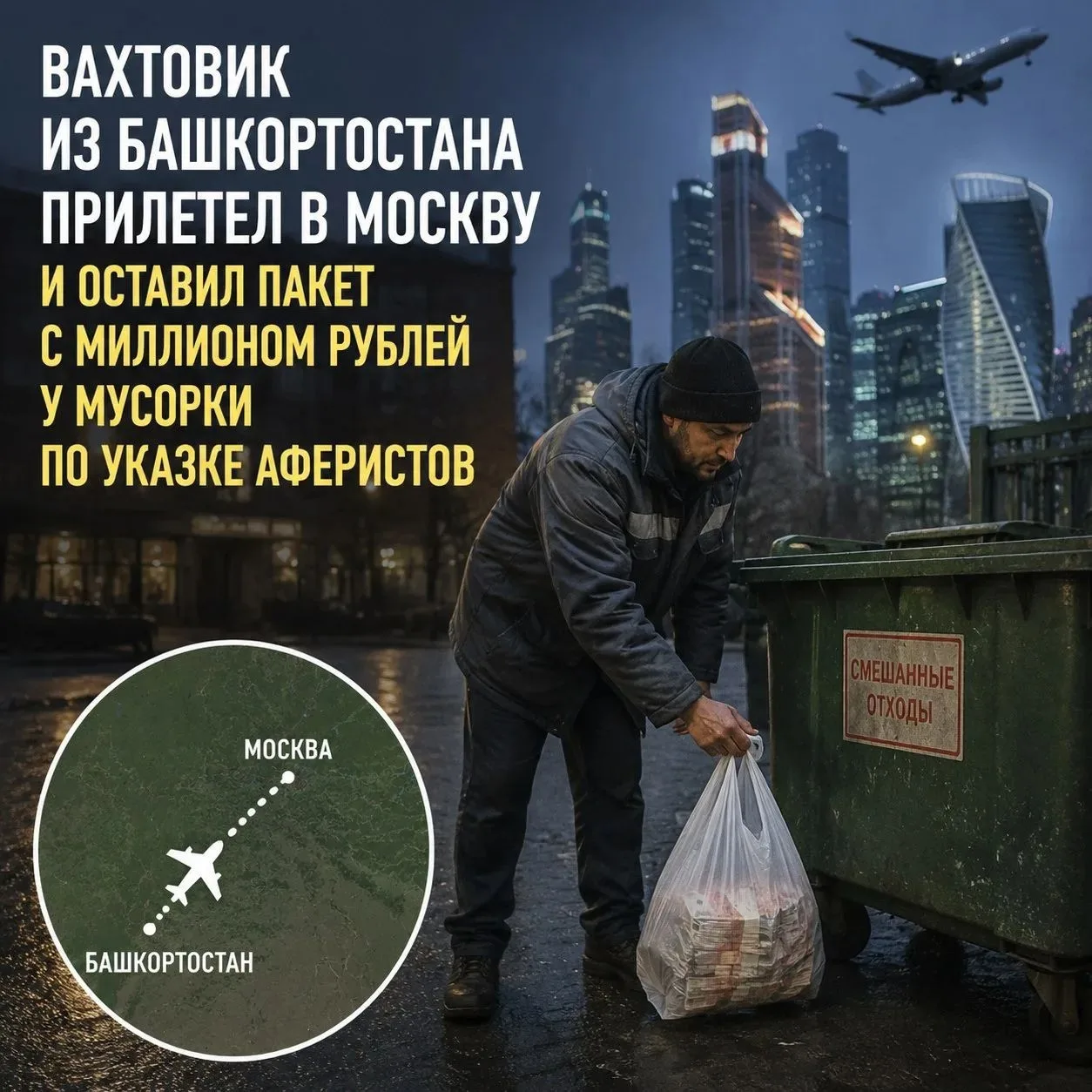 Вахтовик из Башкортостана прилетел в Москву и оставил пакет с миллионом рублей у мусорк...