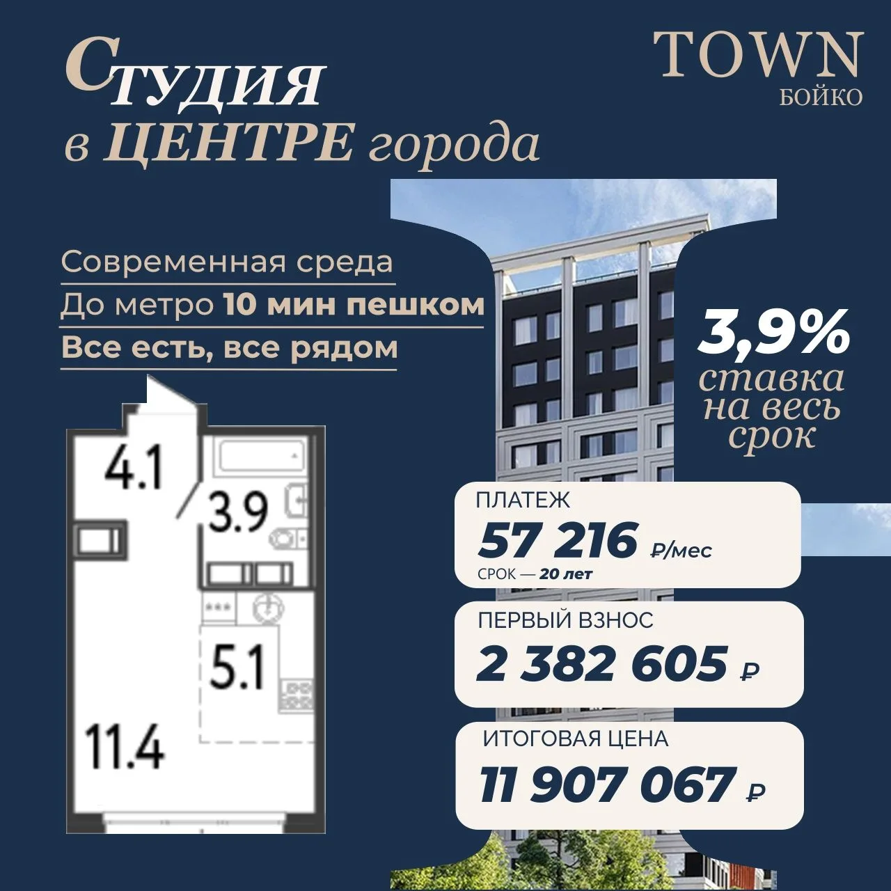 Студия в центре со ставкой 3,9%