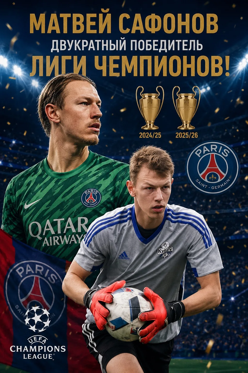 МАТВЕЙ САФОНОВ — ДВУКРАТНЫЙ ОБЛАДАТЕЛЬ ЛИГИ ЧЕМПИОНОВ! 

В финале в Будапеште ПСЖ победил «Арсенал» 