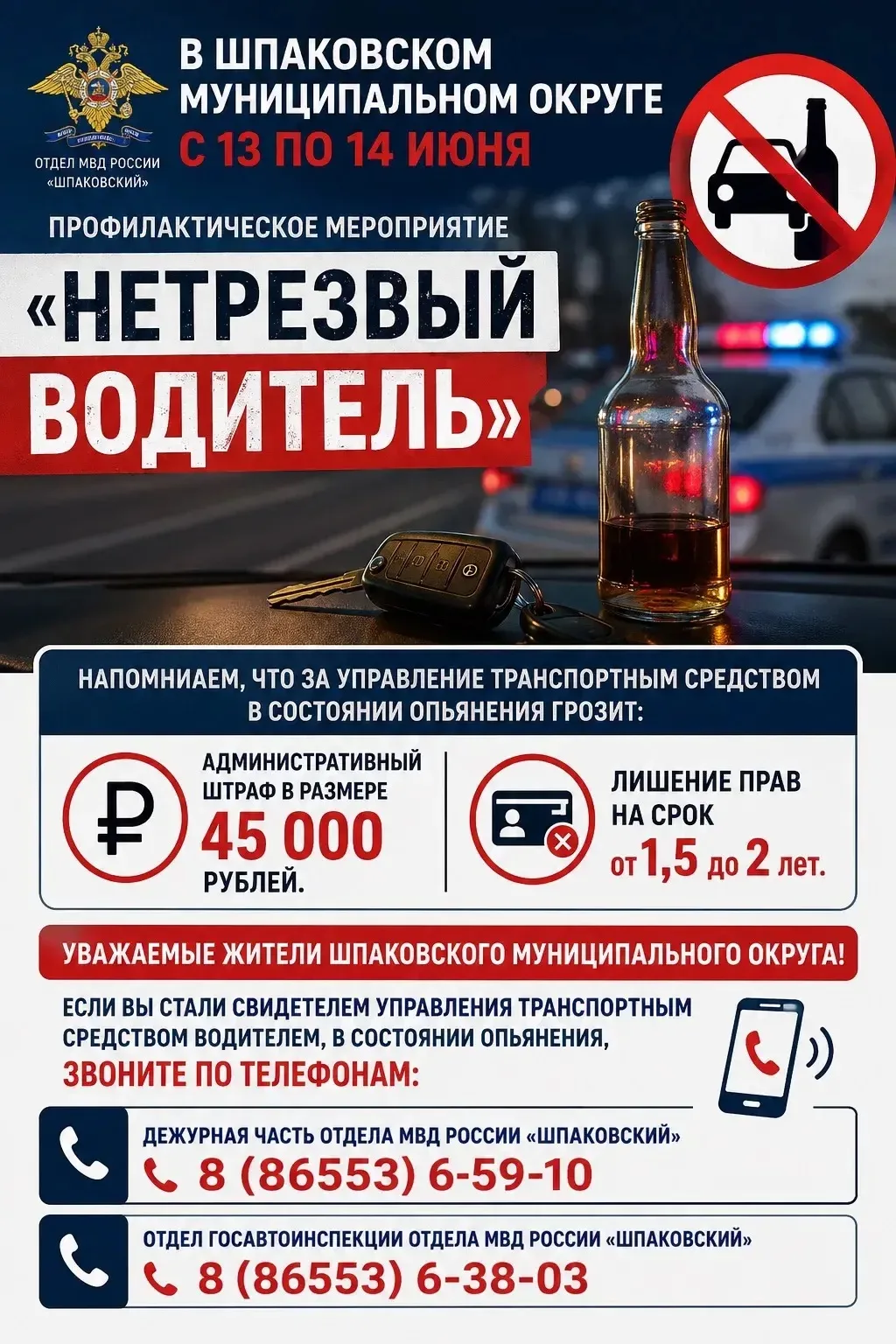🚔 Профилактическое мероприятие «Нетрезвый водитель» проходит в Шпаковском округе с 13 по 14 июня

�