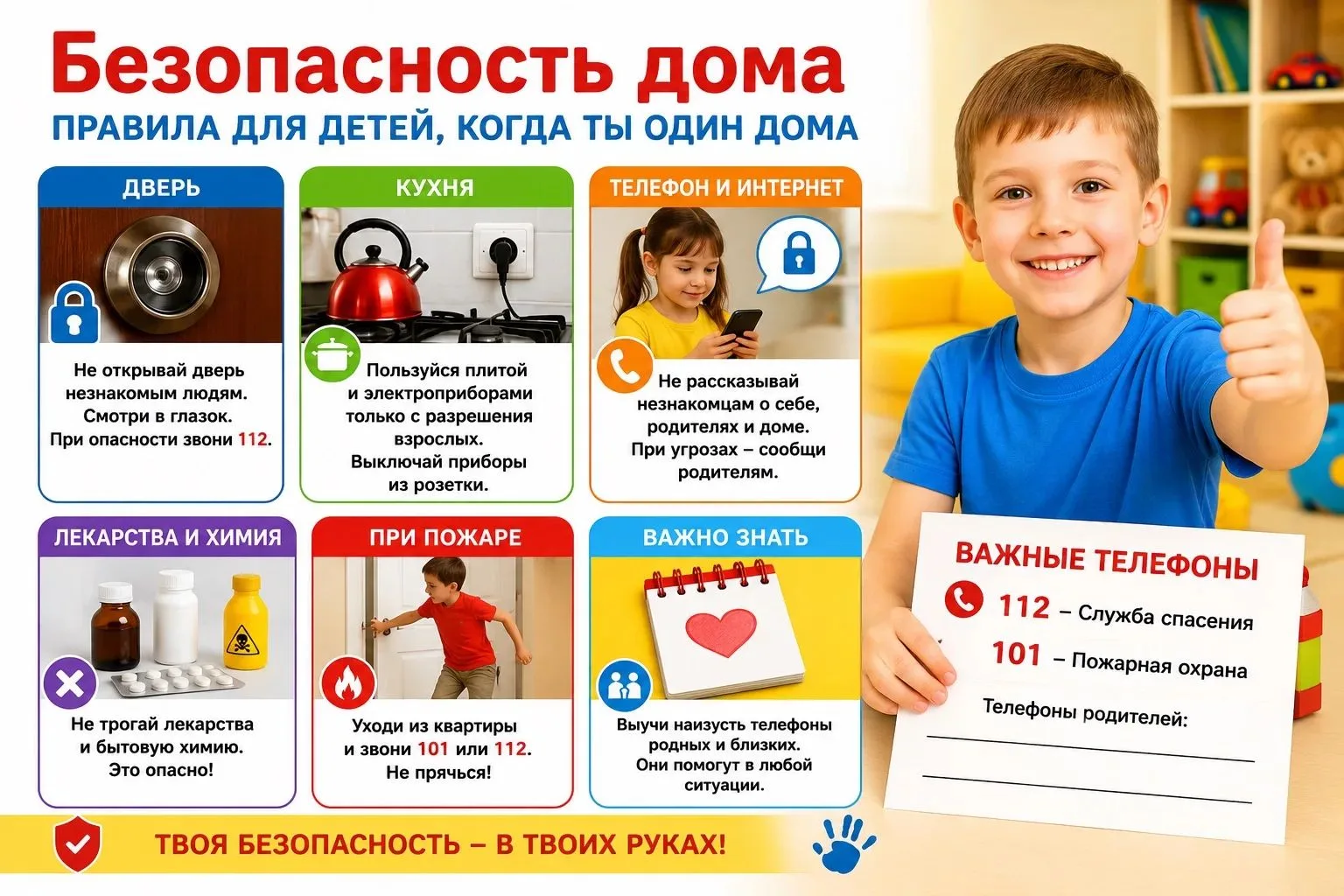 🏠 Один дома: правила безопасности для детей

Каникулы — это время отдыха, игр и прогулок, но иногда
