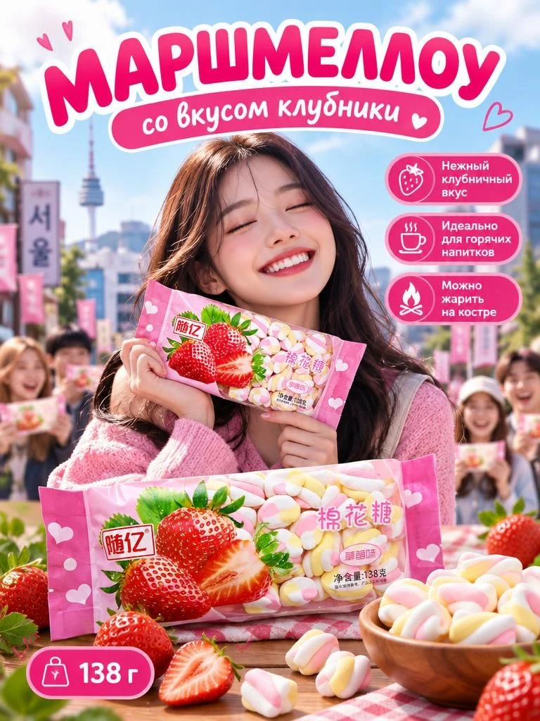 🟠 Зефир жевательный ароматизированный со вкусом Клубники. 138 гр. Китай