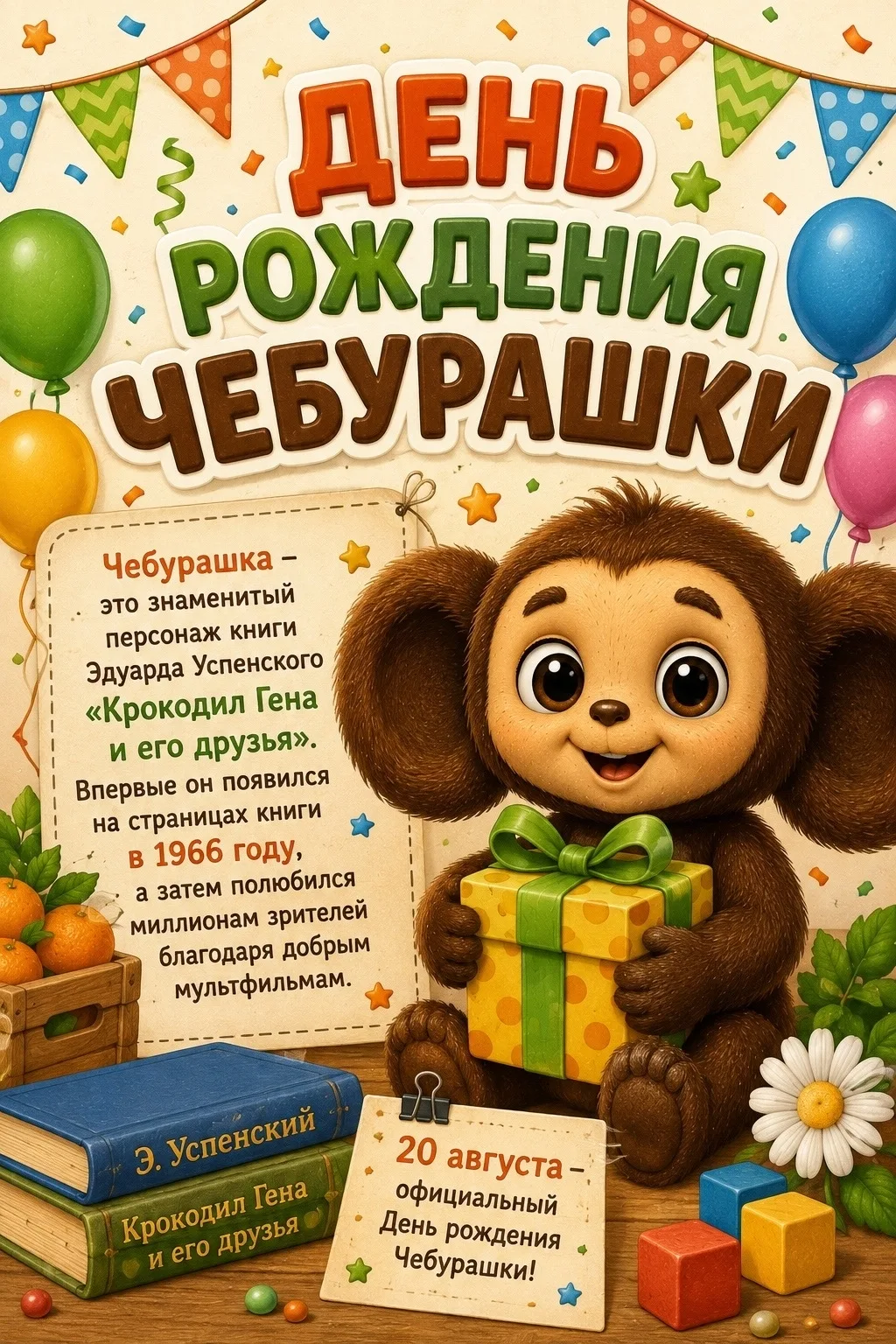 20 августа в России празднуют день рождения Чебурашки — одного из самых любимых персона...