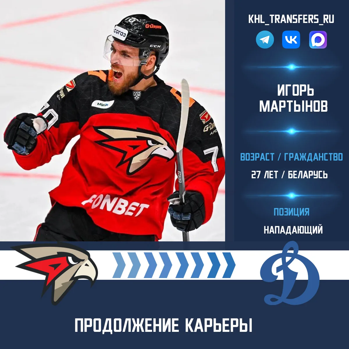«Авангард» обменяет форварда Игоря Мартынова в московское «Динамо» на денежную компенсацию.