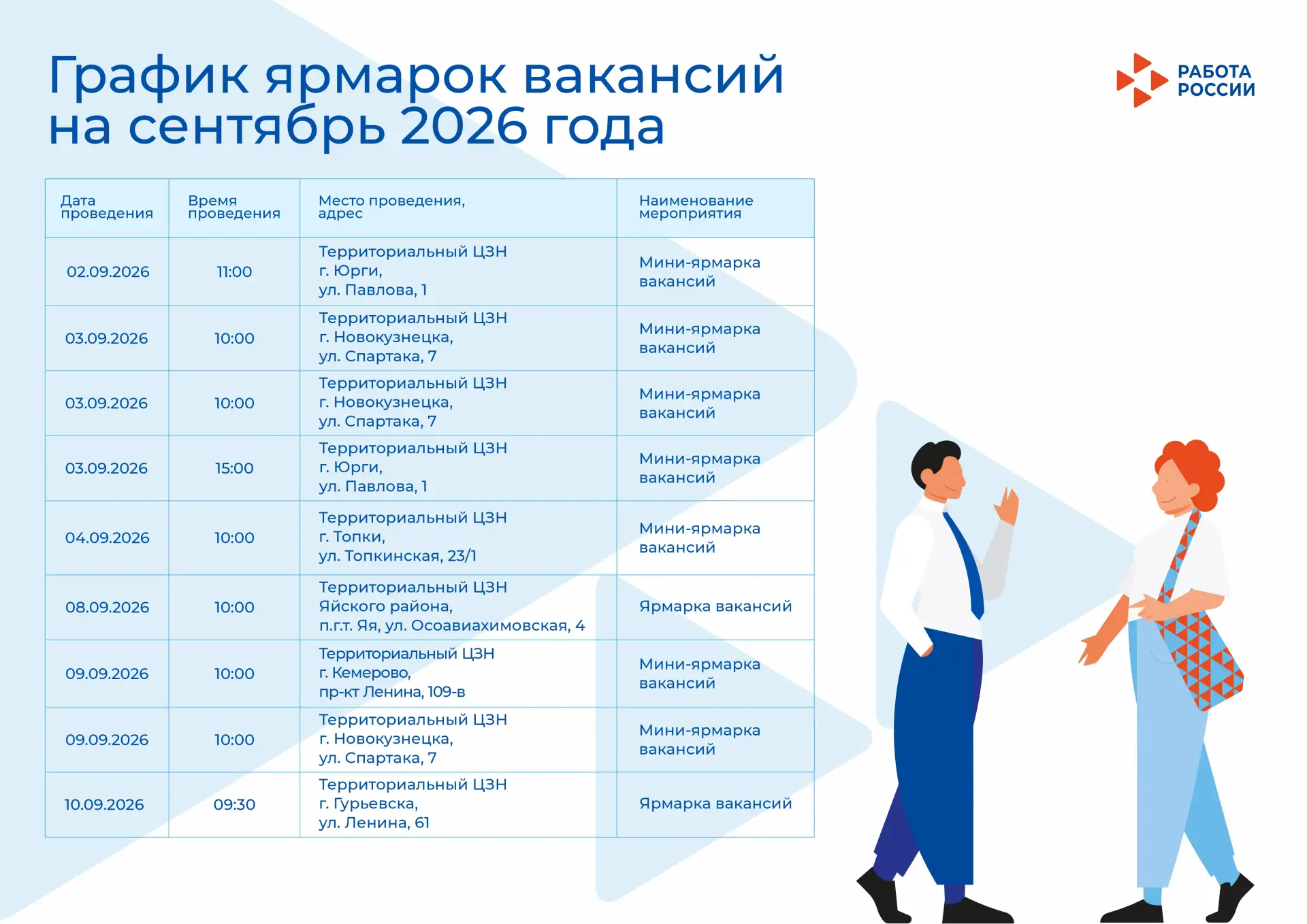 🔥 Делимся с вами графиком проведения в сентябре Ярмарок вакансий в территориальных под...