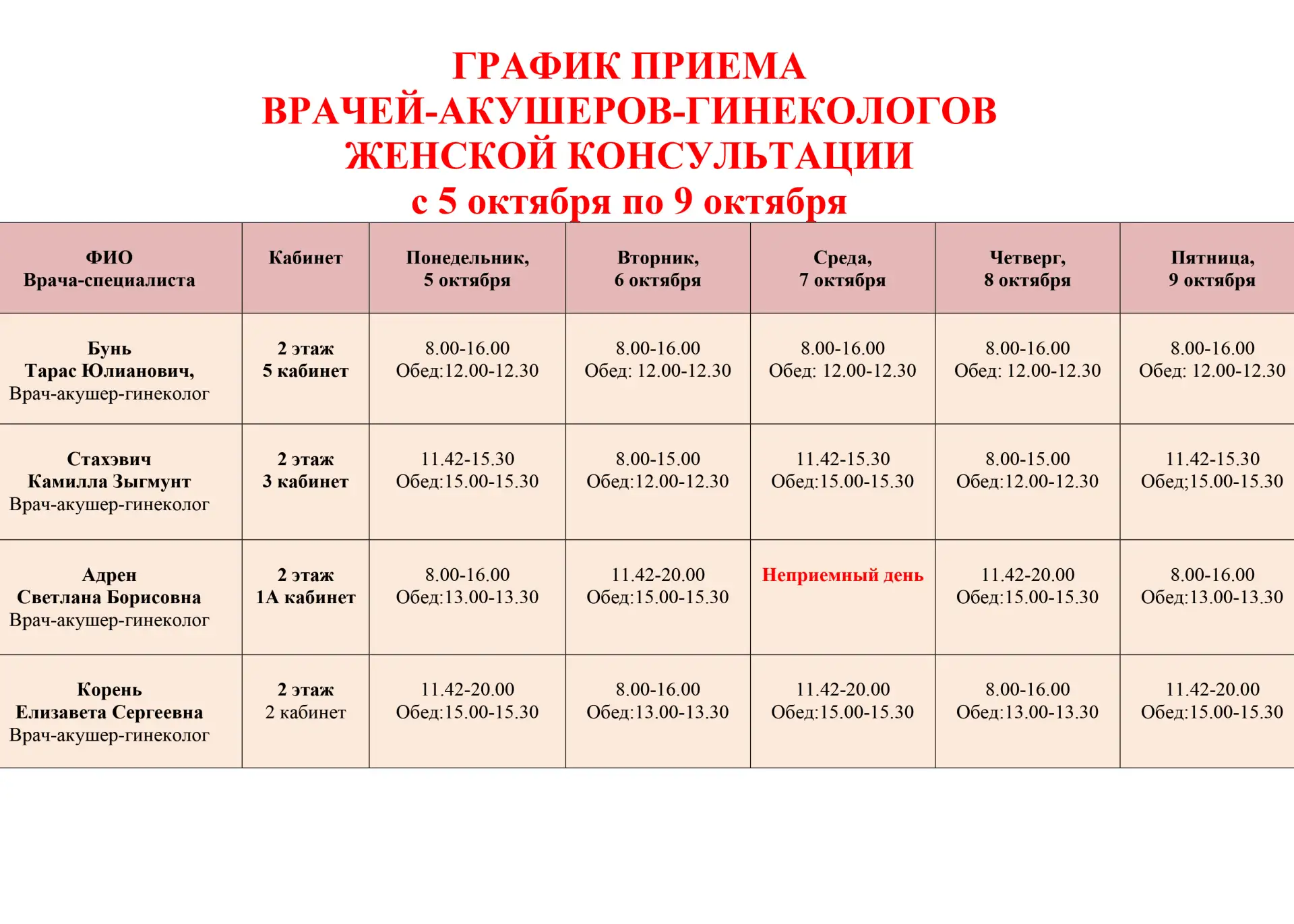 График приема врачей-акушеров-гинекологов женской консультации Можайской больницы  с 5 ...