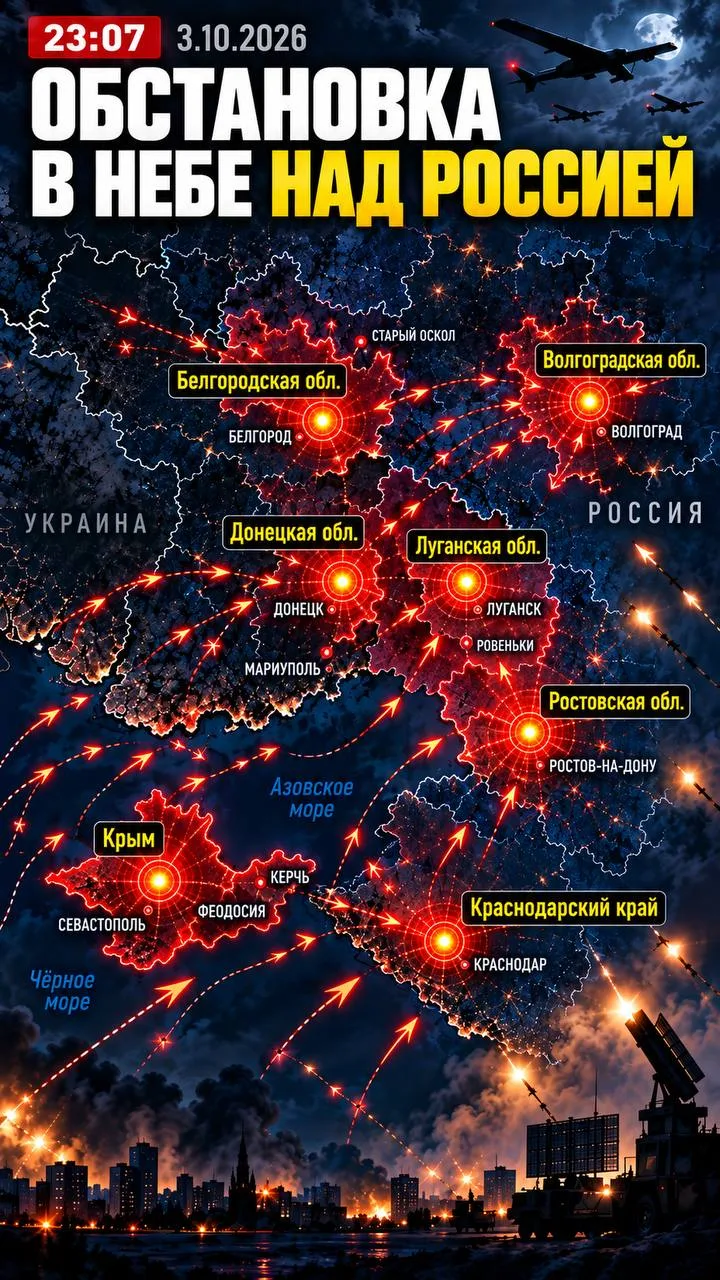 23:07, 3 октября 2026 года — обстановка в небе над Россией