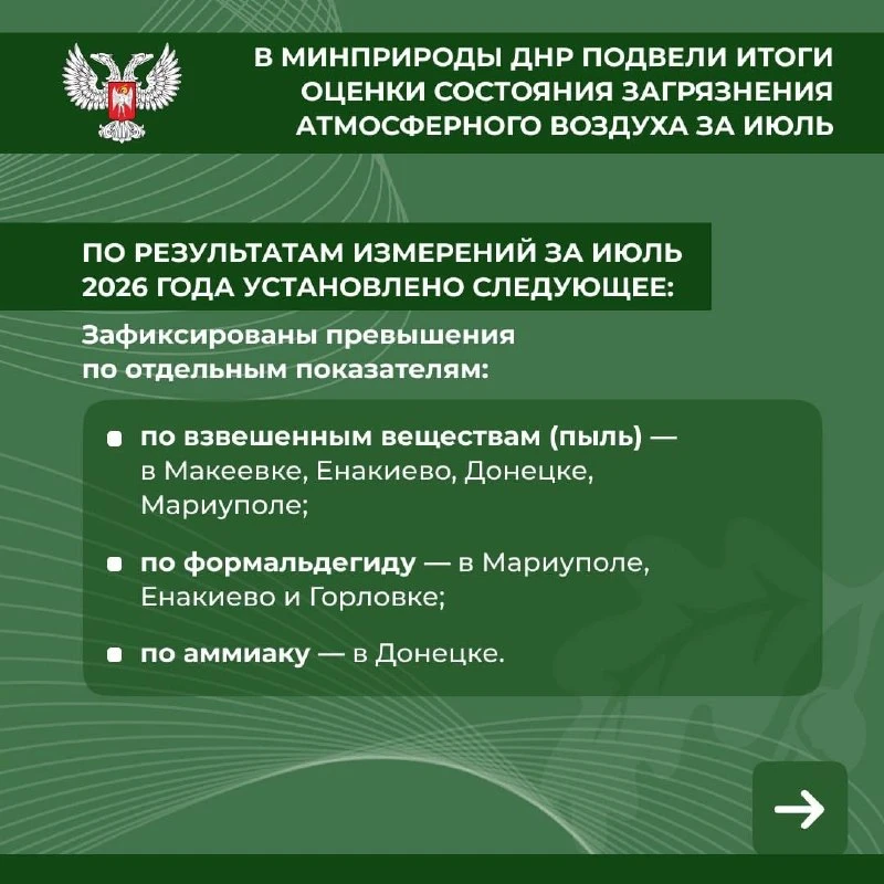 В Минприроды ДНР подвели итоги оценки состояния загрязнения атмосферного воздуха за июль