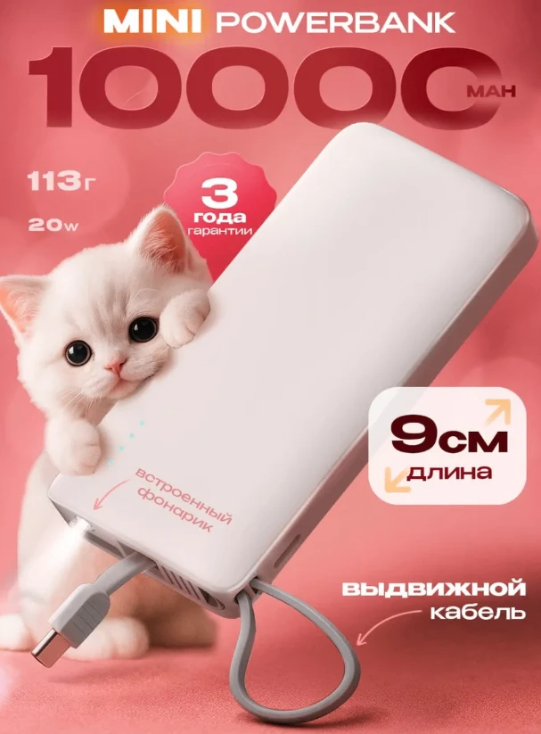 Повербанк 10000 mAh с быстрой зарядкой и фонариком арт. с Wb. 443696497 купила за 547 ₽