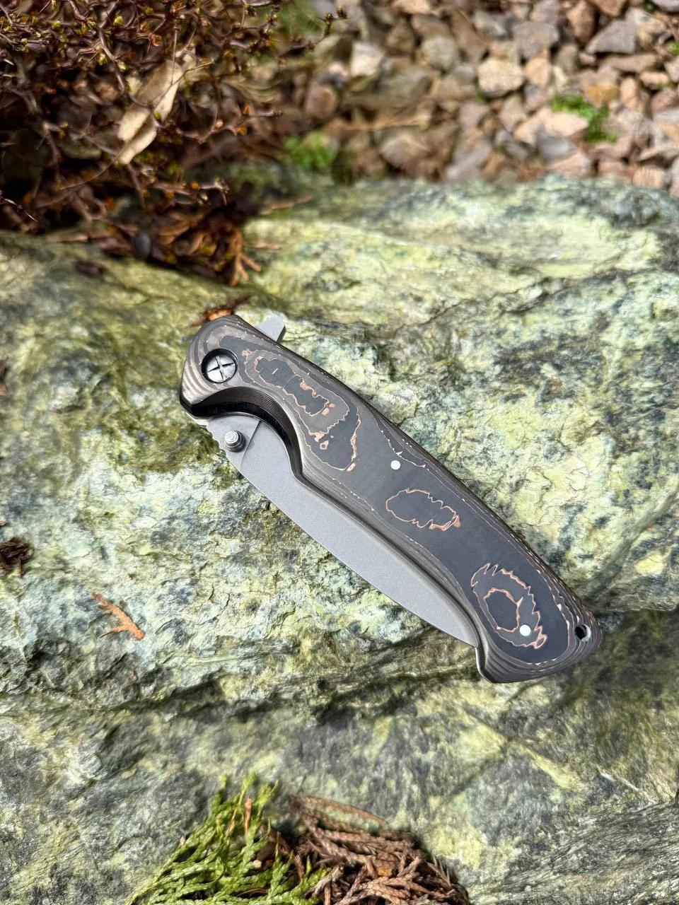 🔥 СКЛАДНОЙ НОЖ ИЗ S390 70 HRC + АВТОРСКИЙ КАРБОН С МЕДЬЮ